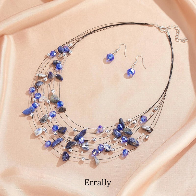 Errally Store Multi-Layer Boho Shell Beaded Necklace for Women Colorful Crystal Strand with Silver Beads Statement Collars Necklace and Earrings Costumes Jewelry Sets for Women - Image 2